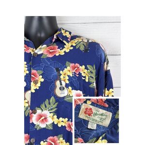 Hilo Hattie Hawaiian Shirt Mens 3XL Blue Floral Ukulele Aloha Button Up